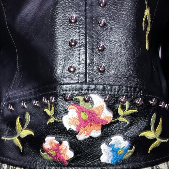 🎉Chic Boho Gorgeous Floral Print Embroidery Faux Leather Moto Bomber Jacket S - Picture 7 of 16